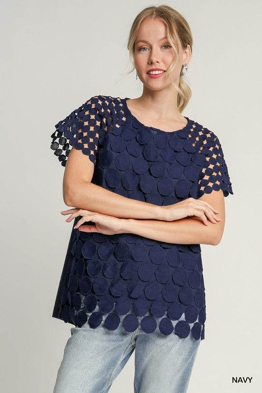 Umgee Full Size Mixed Polka Dot Lace Raglan Sleeve Boxy Cut Top Plus Size - Rosa Apparel