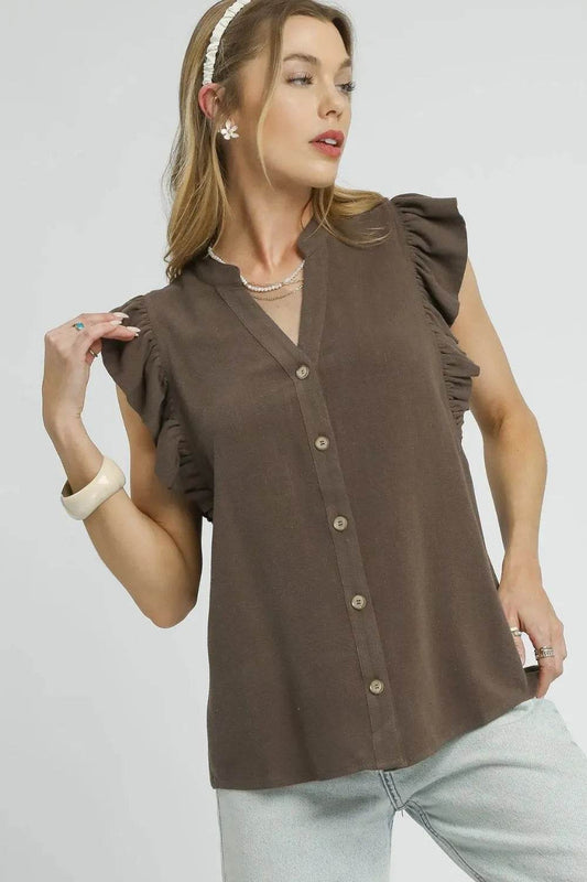 Umgee Linen Ruffle Sleeve Button-Down Shirt - Rosa Apparel