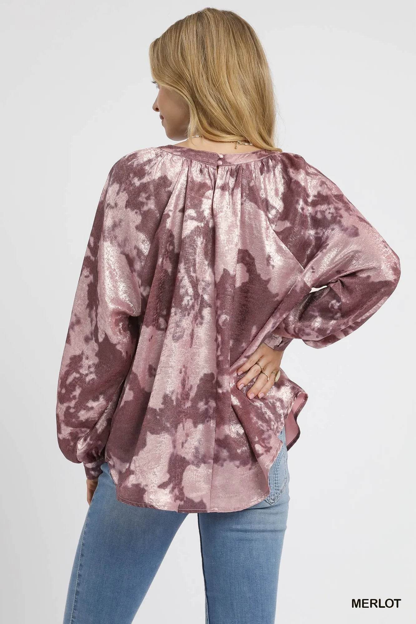 Umgee Metallic Fabric Blouse with Balloon Sleeves - Rosa Apparel