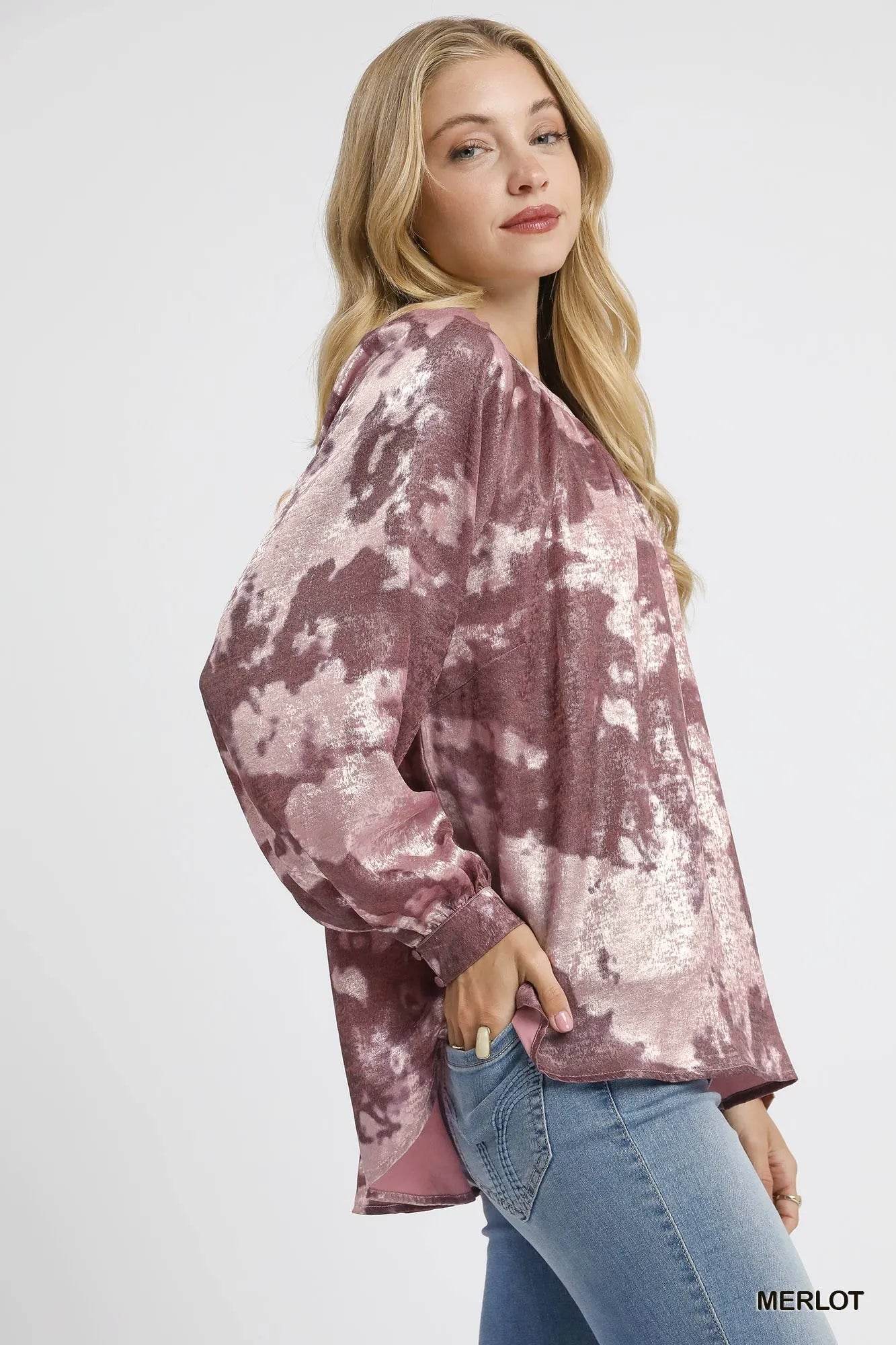Umgee Metallic Fabric Blouse with Balloon Sleeves - Rosa Apparel