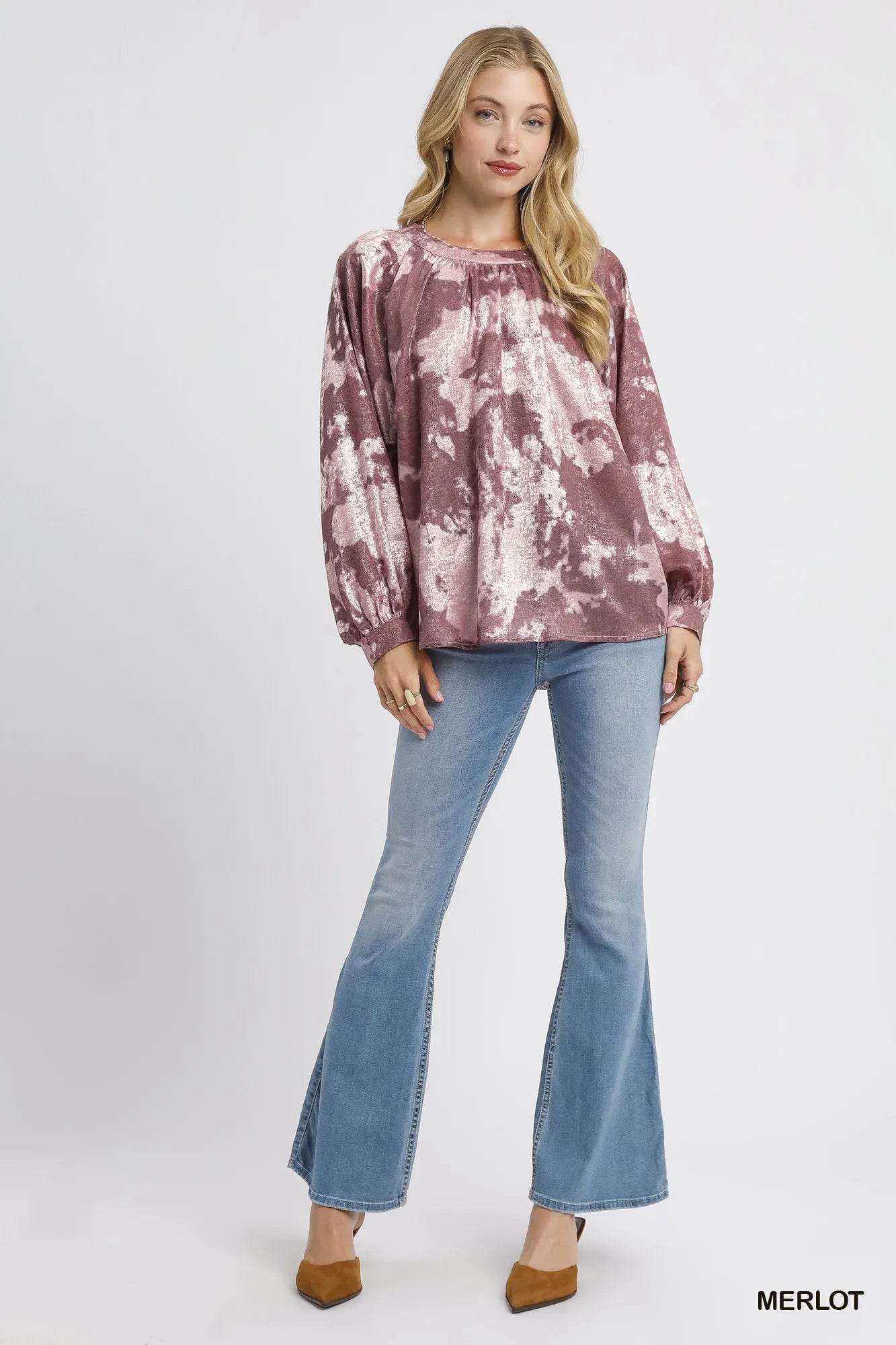 Umgee Metallic Fabric Blouse with Balloon Sleeves - Rosa Apparel
