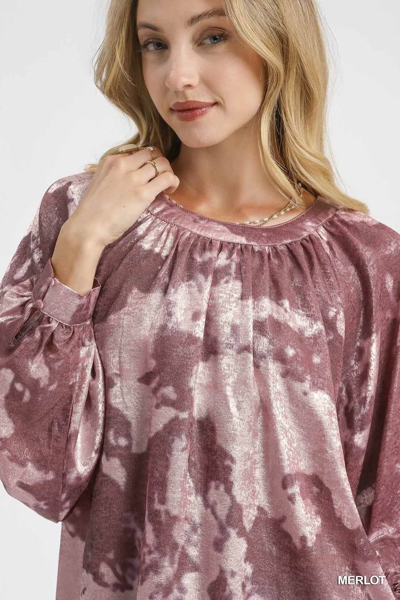 Umgee Metallic Fabric Blouse with Balloon Sleeves - Rosa Apparel