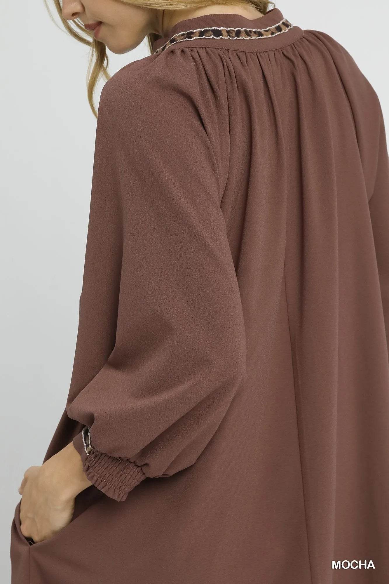 Umgee Notched Shift Dress with Trim Detail - Rosa Apparel