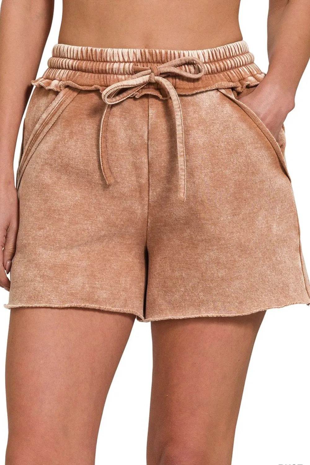 Zenana Acid Wash Fleece Drawstring Shorts With Pockets - Rosa Apparel