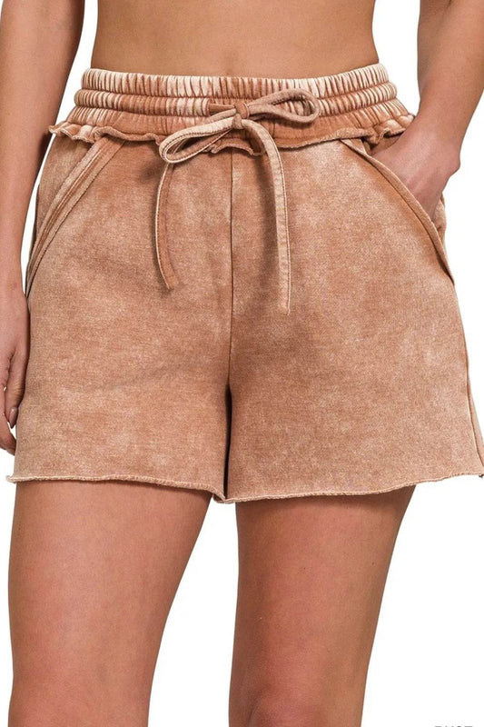 Zenana Acid Wash Fleece Drawstring Shorts With Pockets - Rosa Apparel