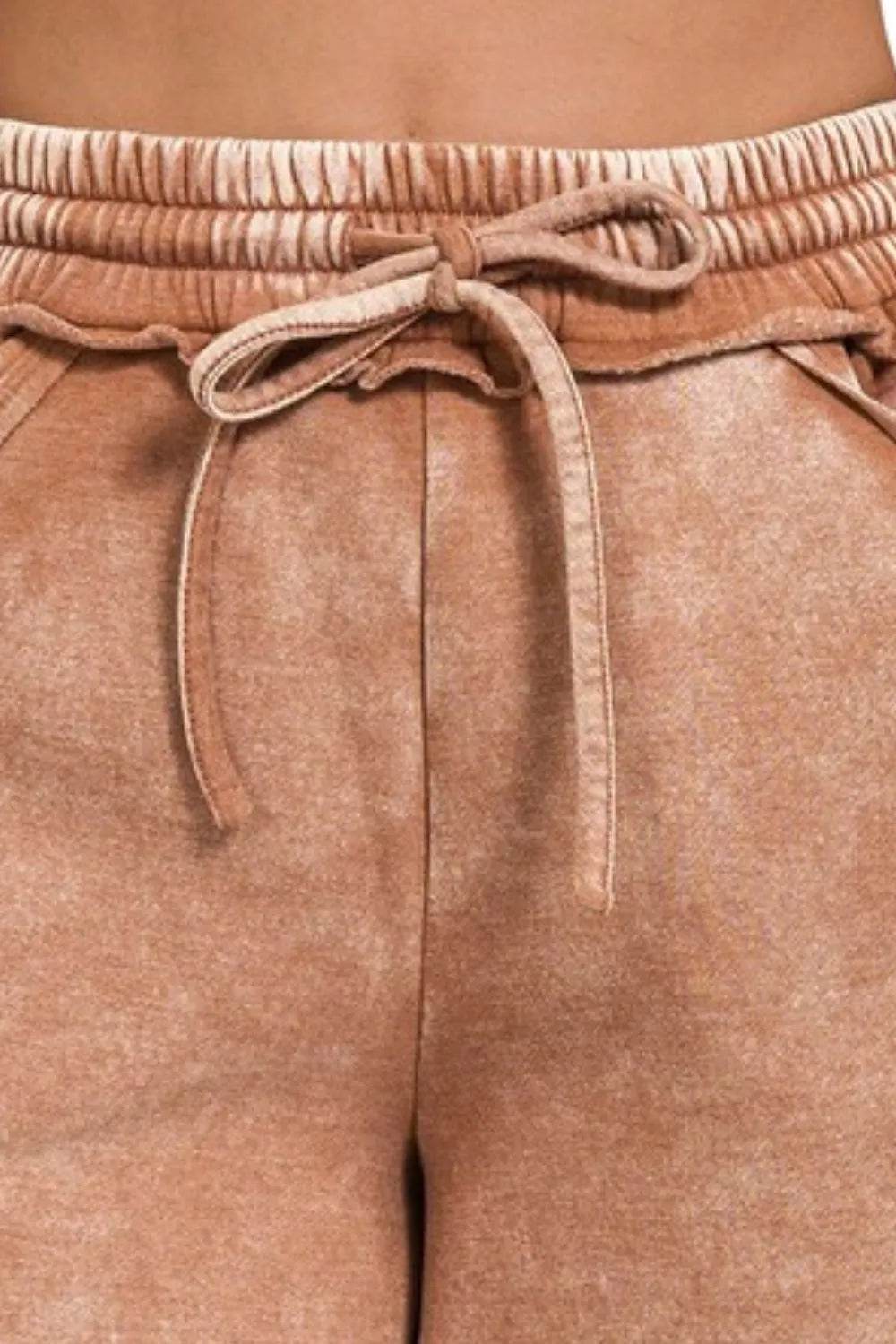 Zenana Acid Wash Fleece Drawstring Shorts With Pockets - Rosa Apparel