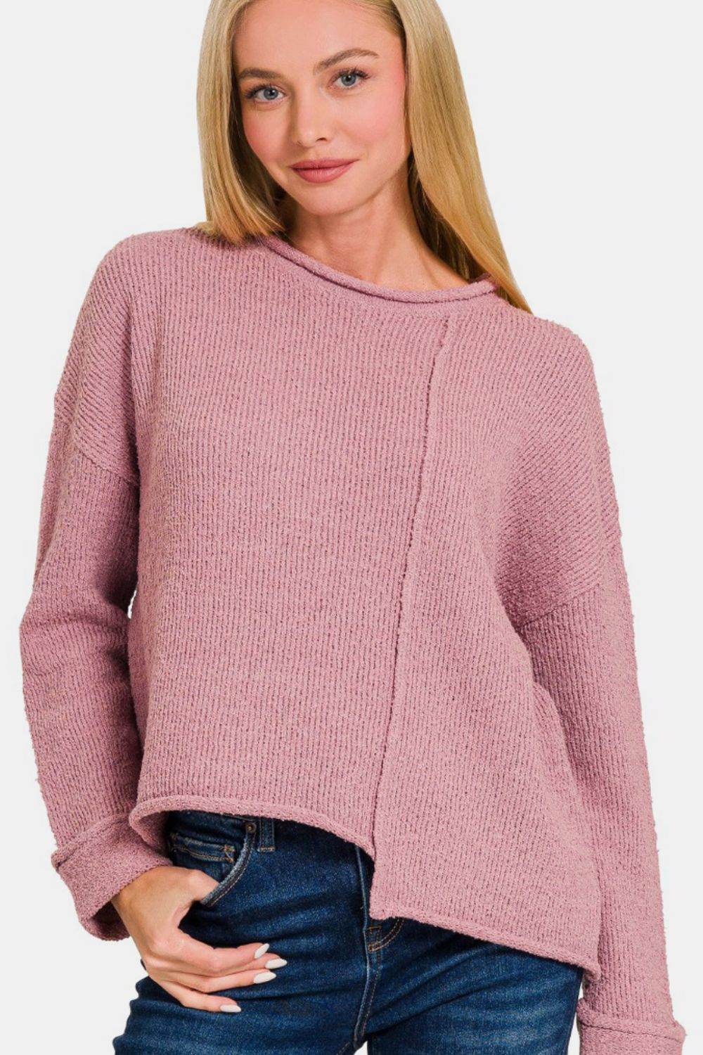 Zenana Asymmetric Hem Drop Shoulder Sweater - Rosa Apparel