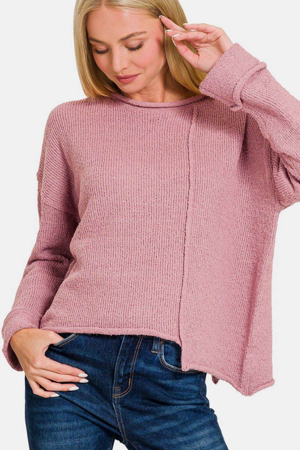 Zenana Asymmetric Hem Drop Shoulder Sweater - Rosa Apparel