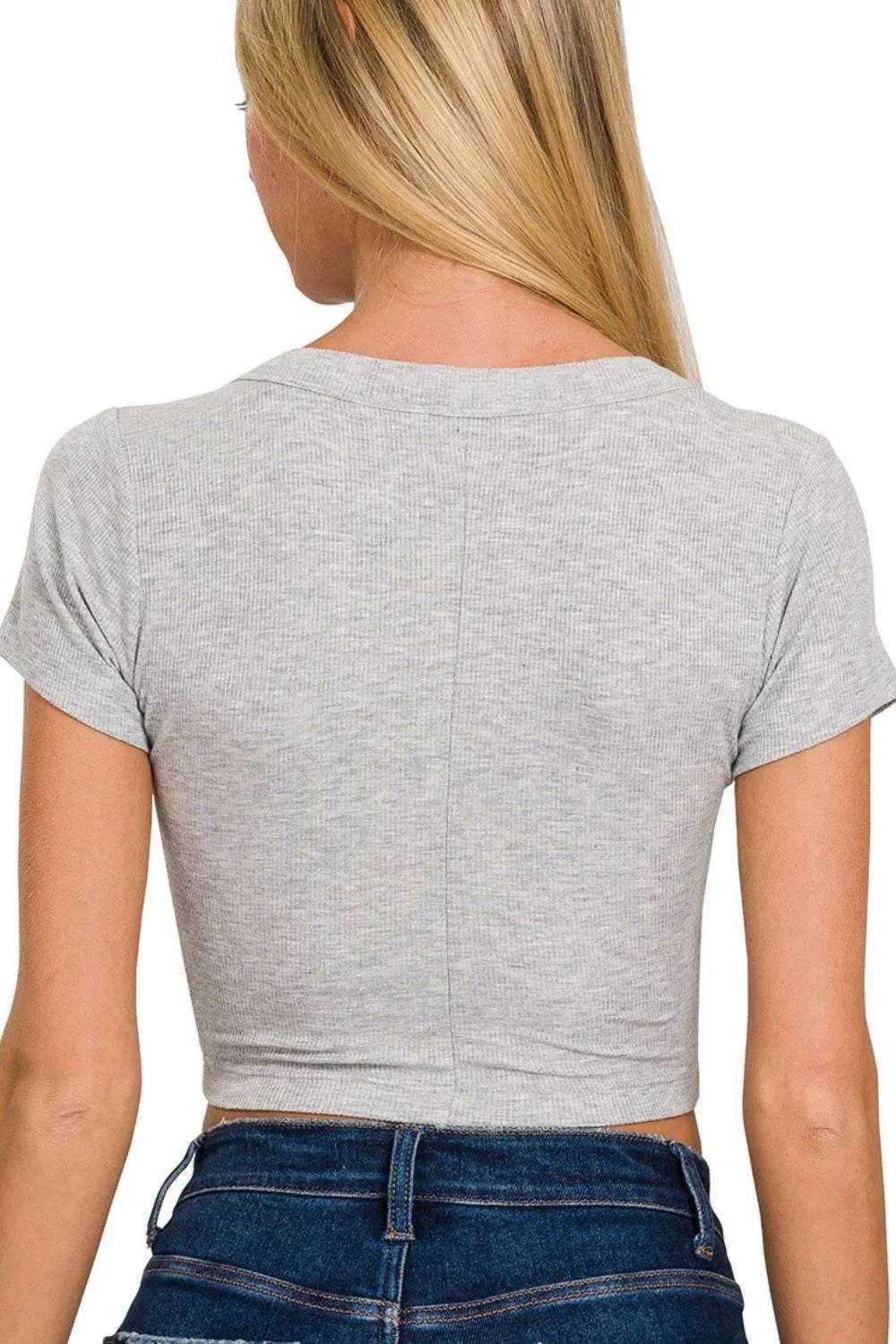 Zenana Ribbed Scoop Neck Crop Short Sleeve Top - Rosa Apparel