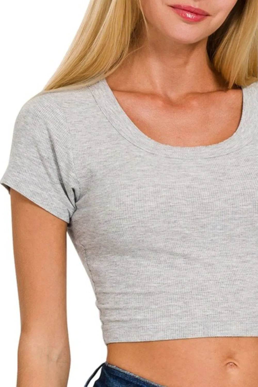Zenana Ribbed Scoop Neck Crop Short Sleeve Top - Rosa Apparel