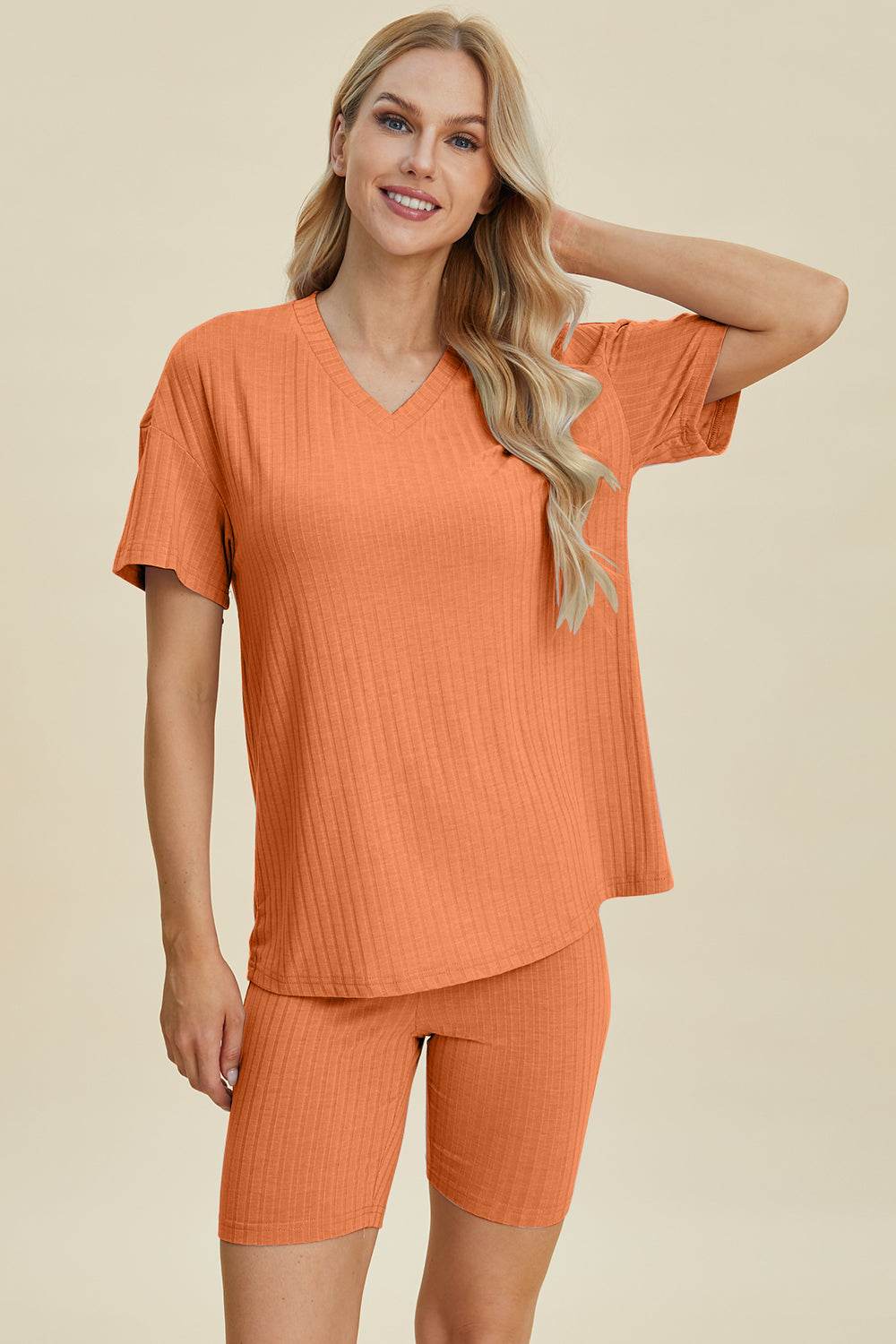 Basic Bae Full Size Ribbed V-Neck Short Sleeve Top and Shorts Set Stretchy Womenswear - Rosa Apparel