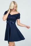 off the shoulder ruched sleeve lace and crepe fit and flare dress with waist satin sash casual