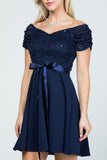 off the shoulder ruched sleeve lace and crepe fit and flare dress with waist satin sash casual