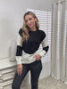 Double Take Woven Right Two-Tone Openwork Rib-Knit Sweater
